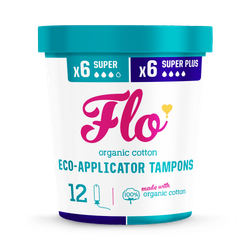 Flo Organic Cotton Applicator Tampon Combo Pack 6 Super and 6 Super Plus
