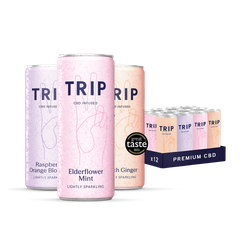 TRIP CBD Mixed Pack Elderflower Mint, Peach Ginger, Raspberry Orange 12x250ml