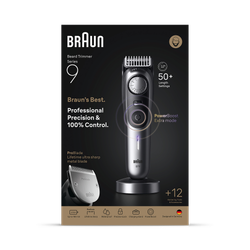 Braun Beard Trimmer Series 9, +12 Barbering Tools, 52 Lengths, ProBlade, BT9560, Chrome