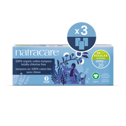 Natracare Organic Cotton Non-applicator Tampons 20 Count | Regular Absorbency | Toxin-Free, Plastic-Free| Pack of 3
