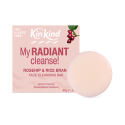 KinKind My Radiant CLEANSE! Facial Cleansing Bar with Rosehip Seed Oil and Rice Bran Oil. Gently Foaming, Soap-Free, Non-Drying.