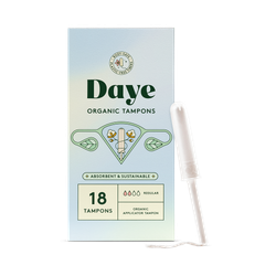 Daye Organic Tampons Regular | 18ct | Pesticide & Metal Tested, 100% Organic Cotton, Best Absorbency | No-Shed Sleeve, Sugarcane Applicator