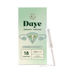 Daye Organic Tampons Super | 18ct | Pesticide & Metal Tested, 100% Organic Cotton for Heavy Flow | No-Shed Sleeve, Sugarcane Applicator