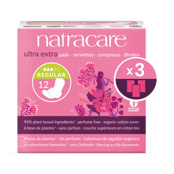 Natracare Ultra Extra Pads with wings 12 Count | Regular Absorbency | Pack of 3