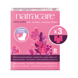 Natracare Ultra Extra Pads with wings 8 Count | Long/Night Pads | Pack of 3