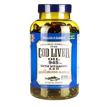 Holland & Barrett Cod Liver Oil & Odourless Garlic 945mg 240 Softgel Capsules