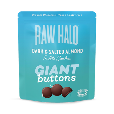 Review of Raw Halo Organic Vegan Giant Chocolate Buttons Dark & Salted Almond 90g