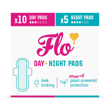 Flo Bamboo Period Pads with Wings Combo Pack 10 Day Pads, 5 Night Pads (15 Pads)