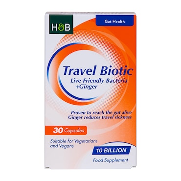 Holland & Barrett Travel Biotic Live Friendly Bacteria + Ginger 30 Capsules image 1
