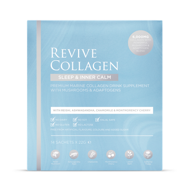 Revive Collagen Sleep & Inner Calm Functional Mushroom & Adaptogen Blend with 6,000mg of Type 1 Hydrolysed Marine Collagen 14 x 22g Sachets.
