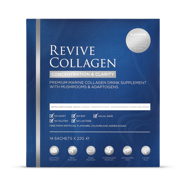 Revive Collagen Concentration & Clarity Functional Mushroom & Adaptogen Blend with 6,000mg of Type 1 Hydrolysed Marine Collagen 14 x 22g Sachets.