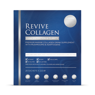 Revive Collagen Concentration & Clarity Functional Mushroom & Adaptogen Blend with 6,000mg of Type 1 Hydrolysed Marine Collagen 28 x 22g Sachets.