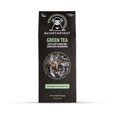 Review of Quirky Monkey Green Tea With Lion’s Mane & Cordyceps Mushroom ( Goodness Gracious Tea!) 15 X Pyramid Teabags
