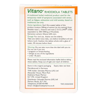 Schwabe Pharma Vitano Rhodiola Rosea Root 200mg 30 Tablets image 2