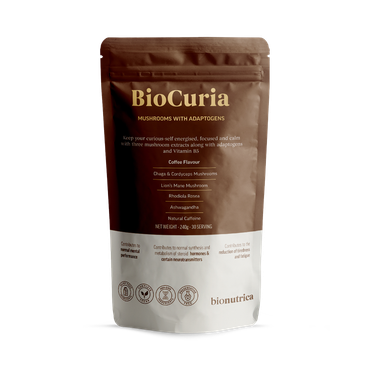 Review of Bionutrica BioCuria Premium Mushroom Coffee with Adaptogens & Vitamin B5 for Energy & Focus 240 g