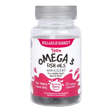 Holland & Barrett Teen Omega 3 Fish Oils with A,D,E & C Bursting Berry Flavour 30 Chewy Capsules