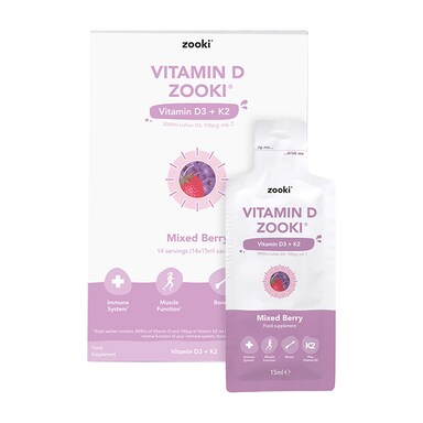 YourZooki Vitamin D3 3000IU & K2 100UG Mixed Berry Flavour 15ml Sachets 14 Pack