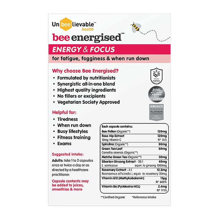 Unbeelievable Health Bee Energised Energy and Focus 20 Capsules-2