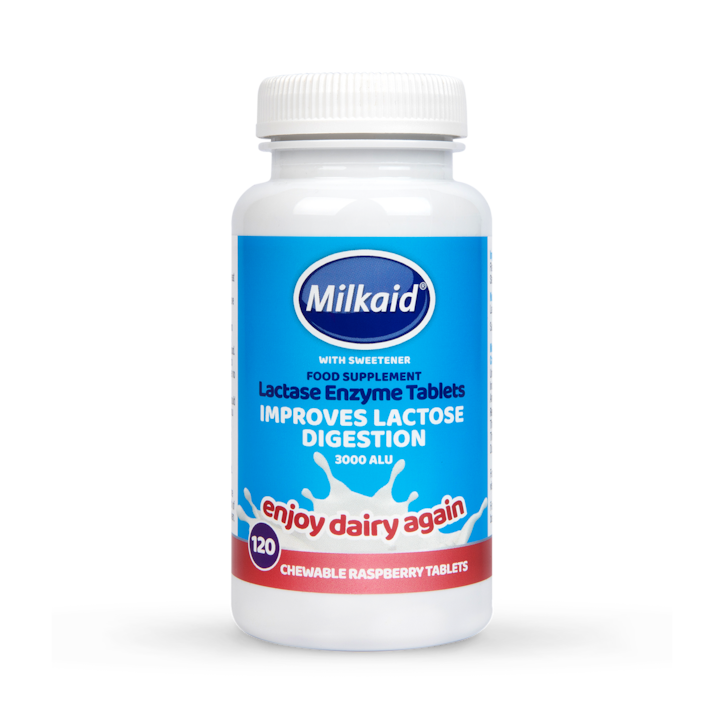 Milkaid Lactase Enzyme Tablets Raspberry Flavour 120 Tablets image 1