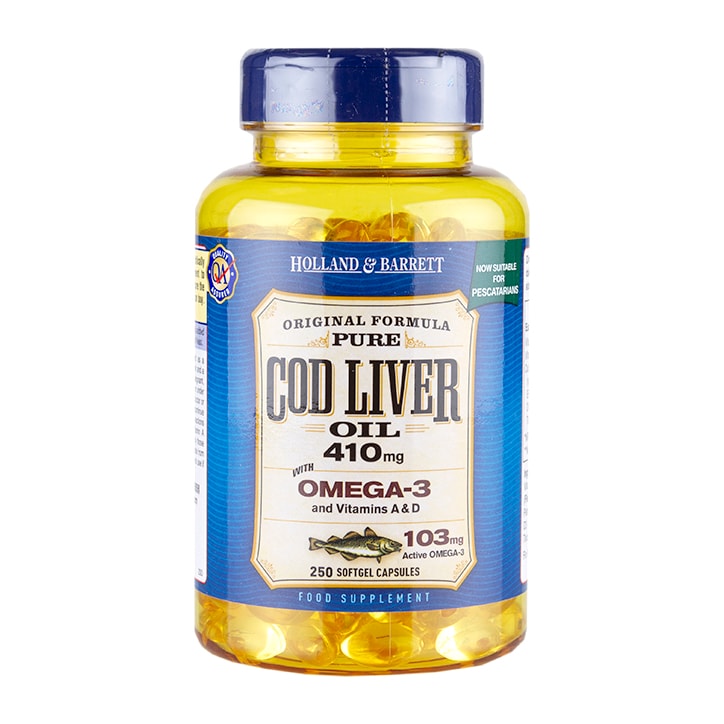 Holland & Barrett Cod Liver Oil 410mg 250 Softgel Capsules image 1