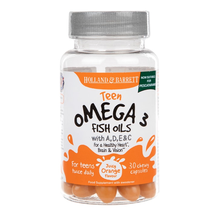 Holland & Barrett Teen Omega 3 Fish Oils with A,D,E & C Juicy Orange Flavour 30 Chewy Capsules