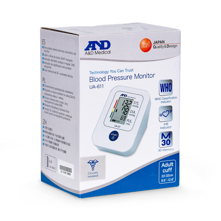 A&D Medical Upper Arm Blood Pressure Monitor White UA611