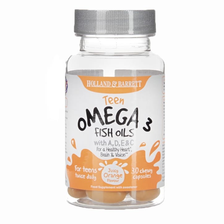 Holland & Barrett Teen Omega 3 Fish Oils with A,D,E & C Juicy Orange Flavour 30 Chewy Capsules-1