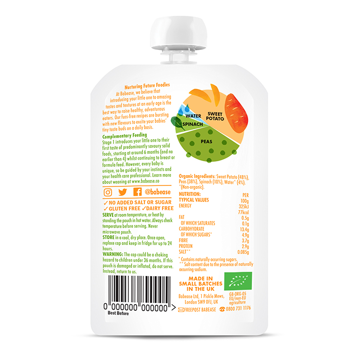 Babease Organic Sweet Potato, Pea & Spinach 4m+ 100g image 2