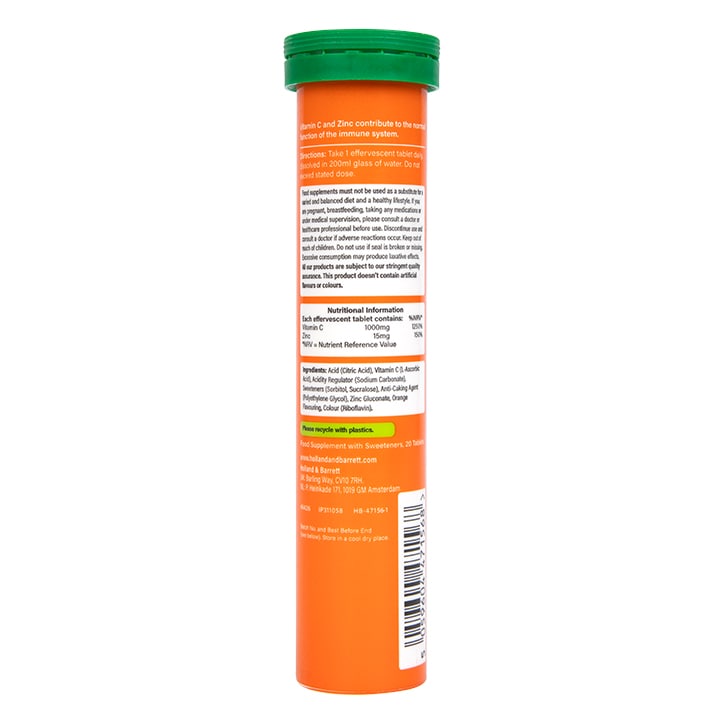 Holland & Barrett High Strength Effervescent Vit C & Zinc Orange Flavour 20 Tablets-2