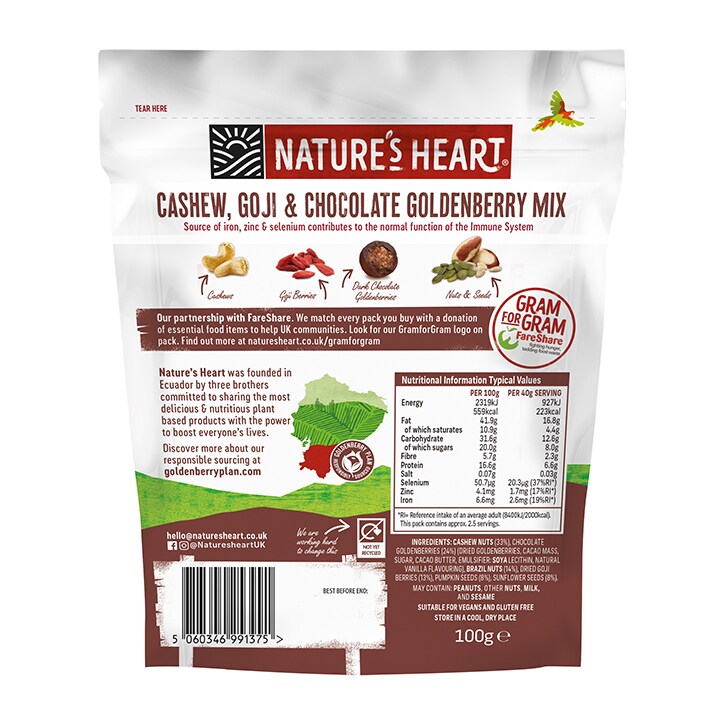 Nature's Heart Cashew, Goji & Chocolate Goldenberry Immune System Mix 100g image 2