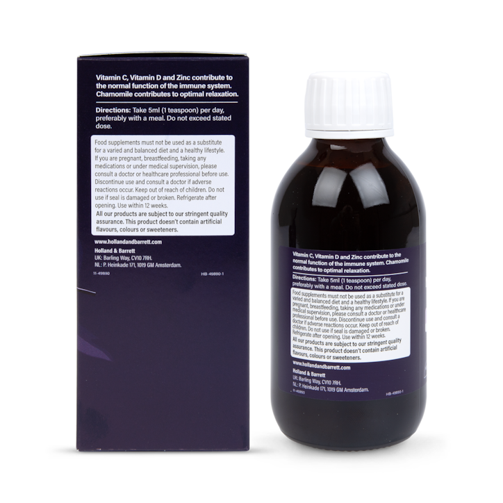 Holland & Barrett Elderberry Night time with Vitamin C&D, Zinc & Chamomile 200ml Liquid image 2