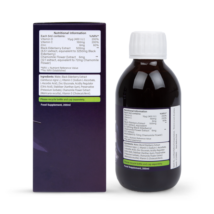 Holland & Barrett Elderberry Night time with Vitamin C&D, Zinc & Chamomile 200ml Liquid image 3