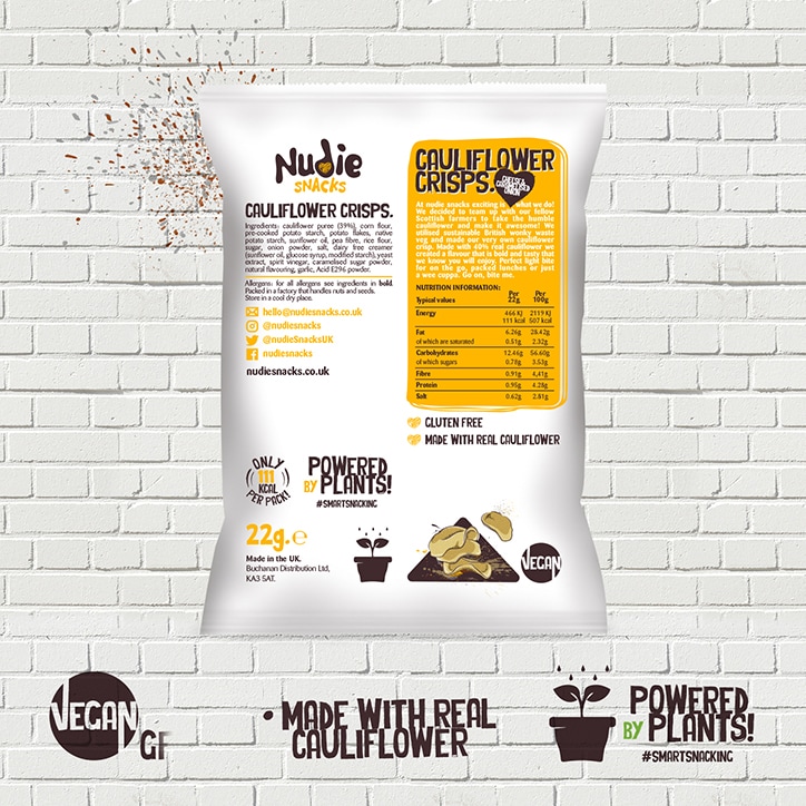 Nudie Snacks Cauliflower Crisps Vegan Cheese & Caramelised Onion 22g image 2