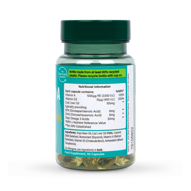 Holland & Barrett Vitamin A 3330IU + Vit D & Cod Liver Oil 90 Capsules image 2