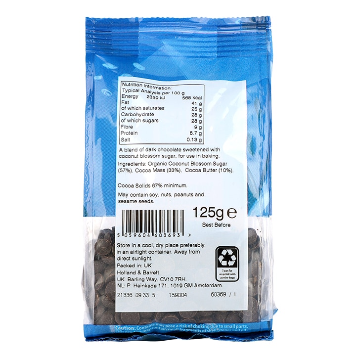 Holland & Barrett Vegan Dark Chocolate Coconut Blossom Drops 125g image 2