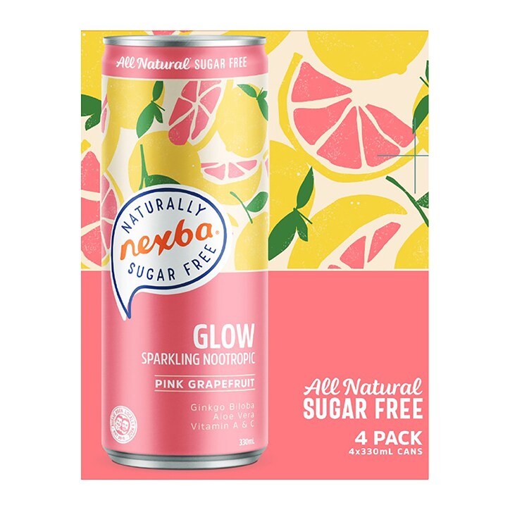 Nexba Glow Pink Grapefruit Sparkling Nootropic 4 x 330ml image 1