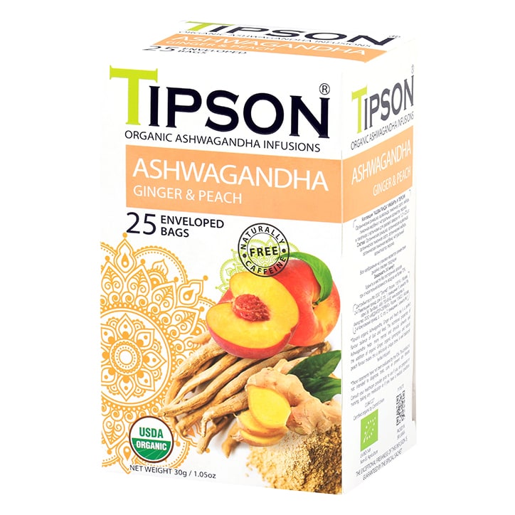 Tipson Organic Ashwagandha Ginger & Peach (25 Enveloped Tea Bags)-1
