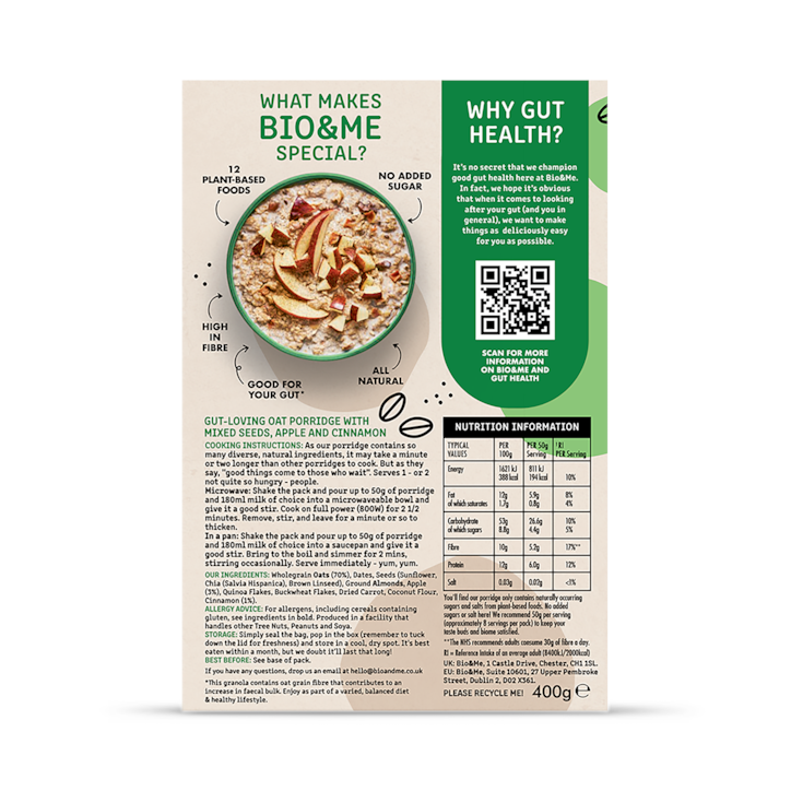 Bio & Me Oats & Plenty Apple & Cinnamon Gut-Loving Porridge 400g image 2