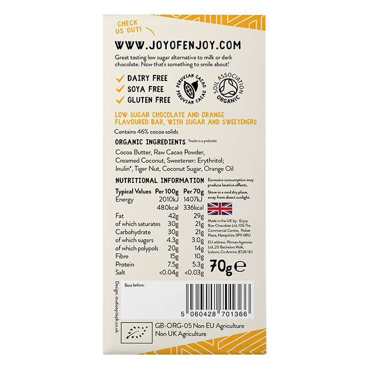 Enjoy! Low Sugar Orange Choc Bar with Prebiotic 70g image 2