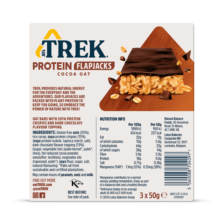 TREK Protein Flapjacks Cocoa Oat 3 x 50g image 2