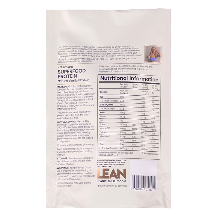 LEAN Superfood Protein Powder Vanilla 500g image 2