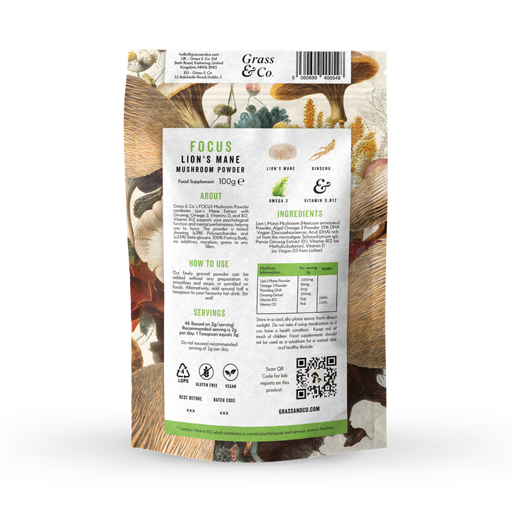 Grass & Co. FOCUS Lion's Mane Mushrooms Powder 100g image 2