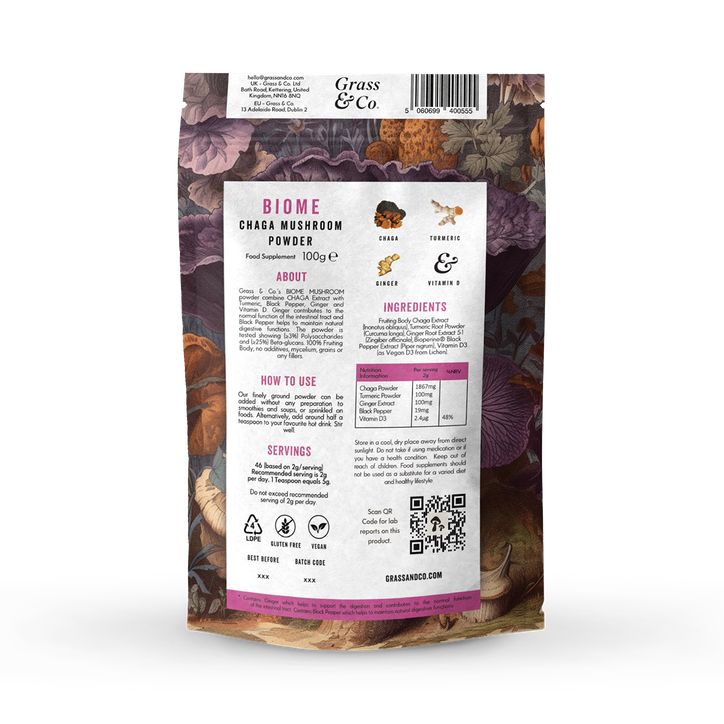 Grass & Co. BIOME Chaga Mushrooms Powder with Turmeric + Ginger 100g image 2