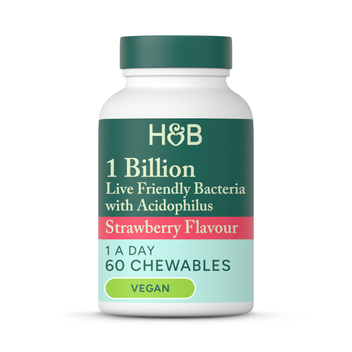 Holland & Barrett Live Friendly Bacteria Strawberry Flavour 60 Chewable Tablets image 1