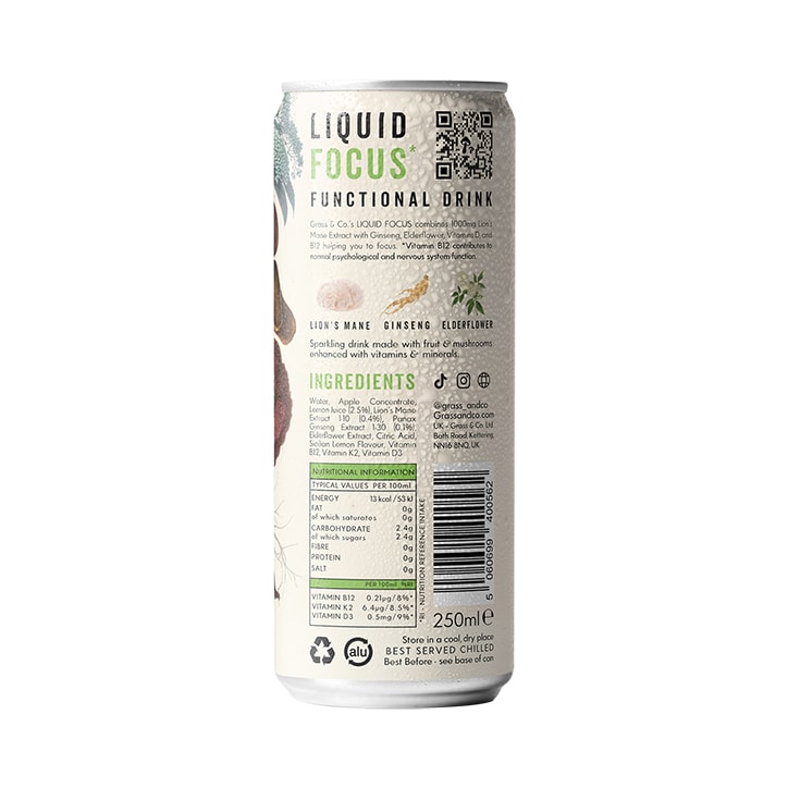 Grass & Co. Liquid Focus (Elderflower, Sicilian Lemon & Lion’s Mane) Functional Sparkling Drink 250ml image 2