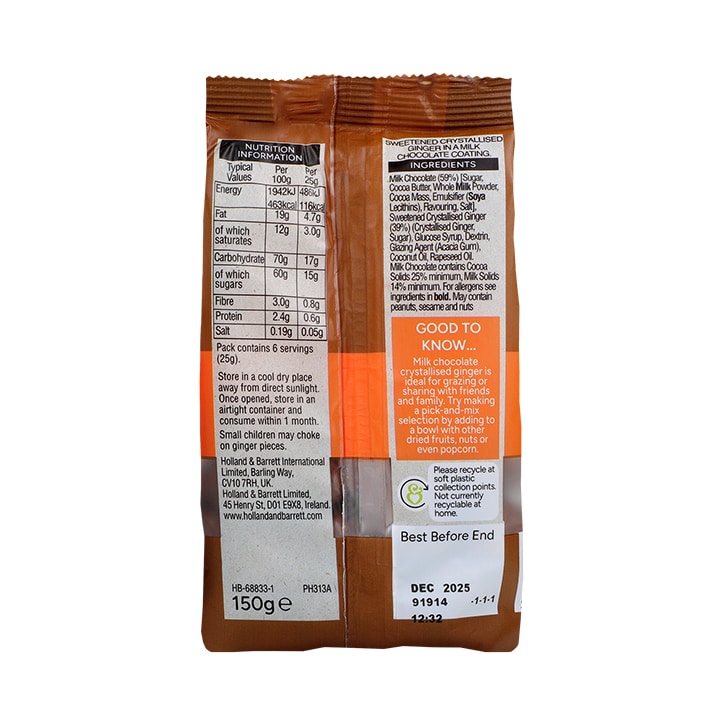 Holland & Barrett Milk Chocolate Crystallised Ginger 150g image 2