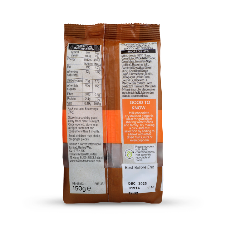 Holland & Barrett Milk Chocolate Crystallised Ginger 150g image 2