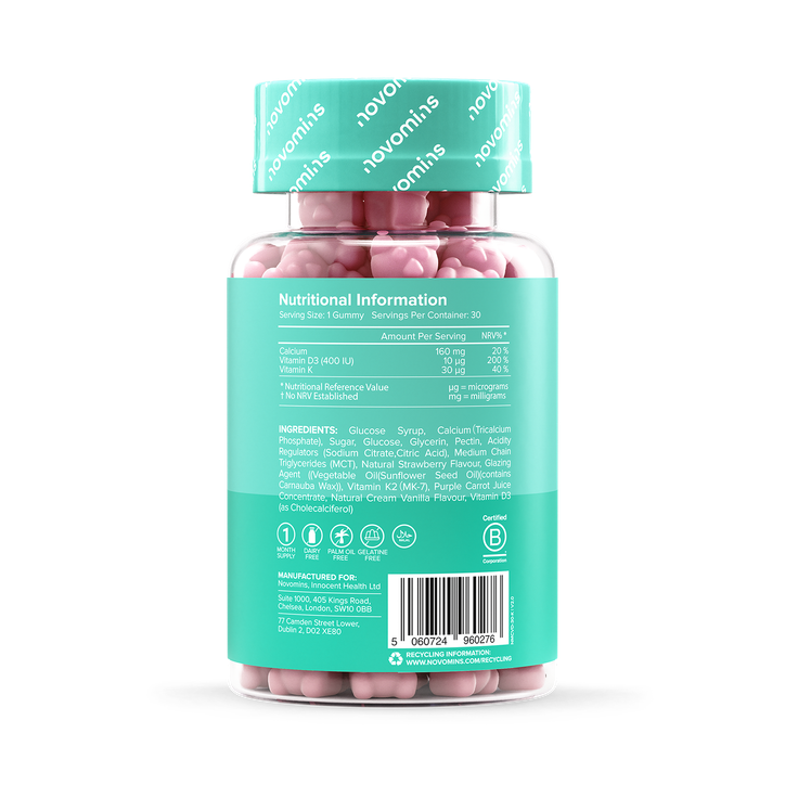 Novomins Kids Calcium, Vitamin D & K2 Strawberry Milkshake Flavour 30 Gummies image 3