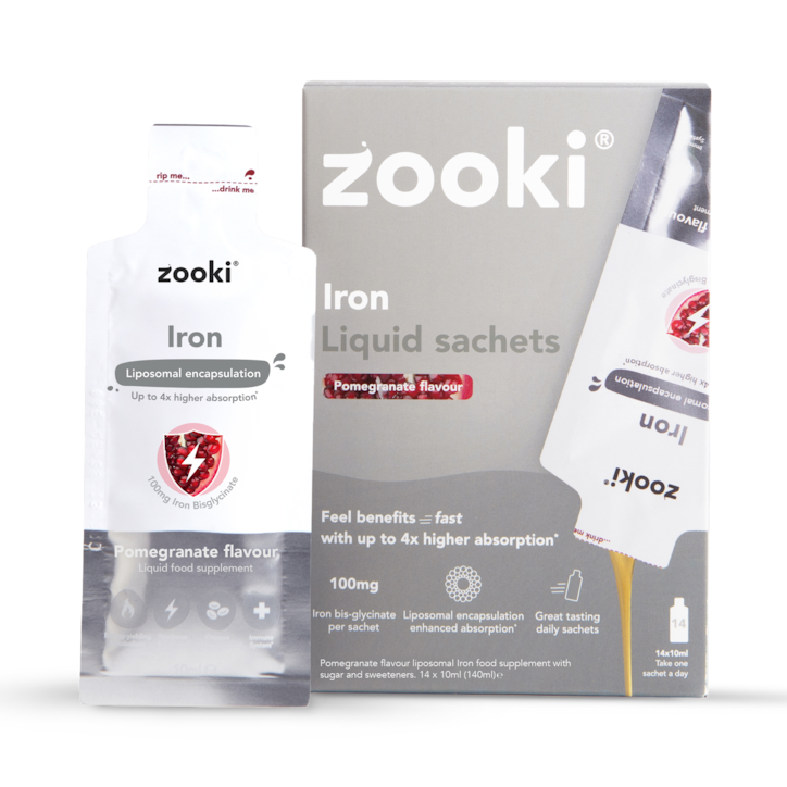 Zooki Liposomal Iron Bisglycinate 100mg, Pomegranate Flavour 14 x 10ml Liquid Sachet image 1