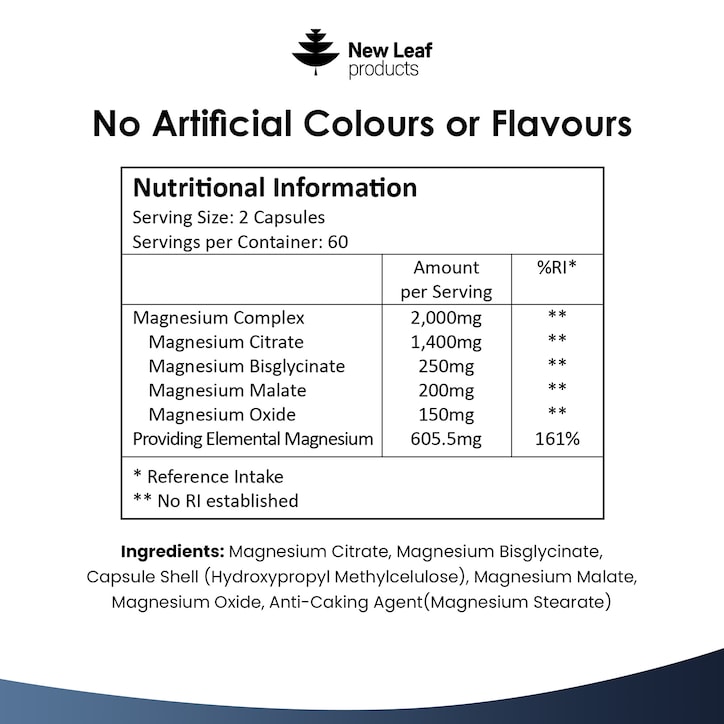 New Leaf Products Magnesium Complex 4 in1 Glycinate Citrate, Malate, Oxide 120 Capsules image 2